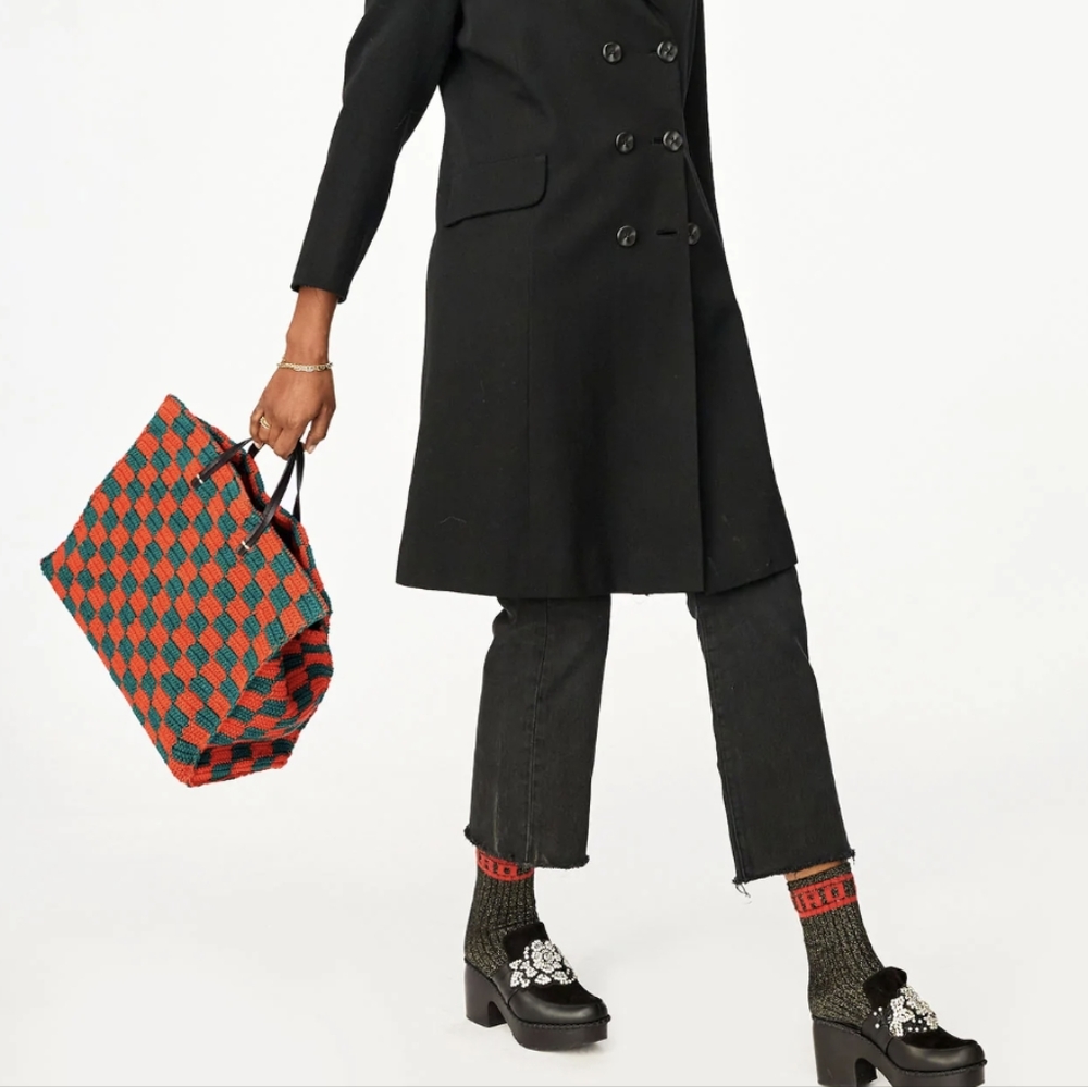Clare V deep sea and blood orange Crochet Checkerboard Tote - Picture 9 of 10